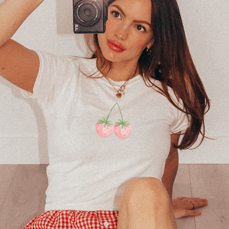 pink coquette strawberry baby tee